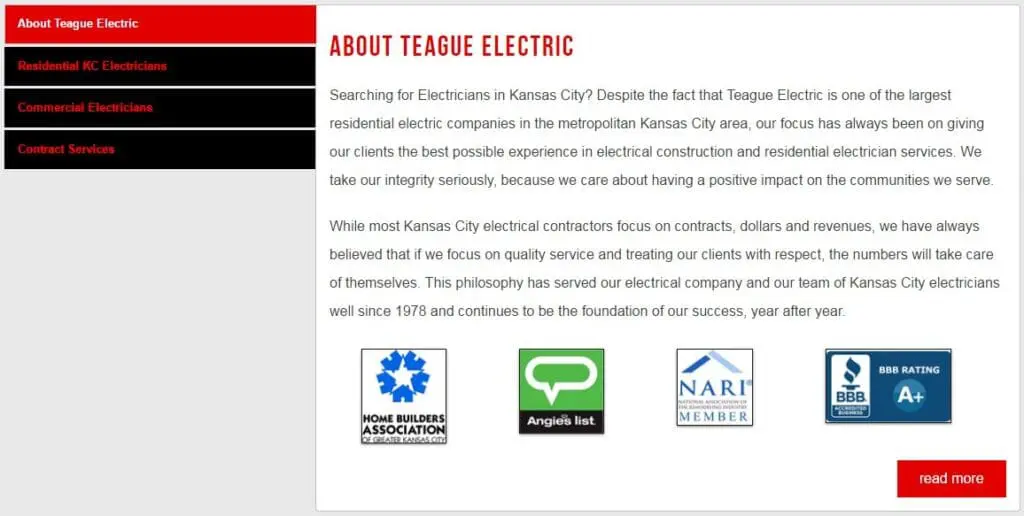 Example of an about page for electrician websites. 