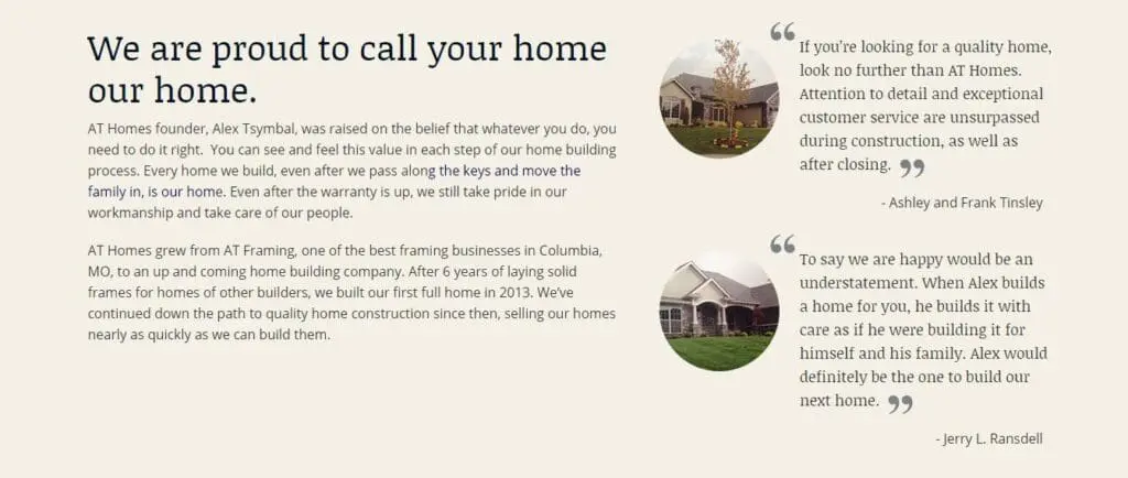 Example of a construction website testimonial. 