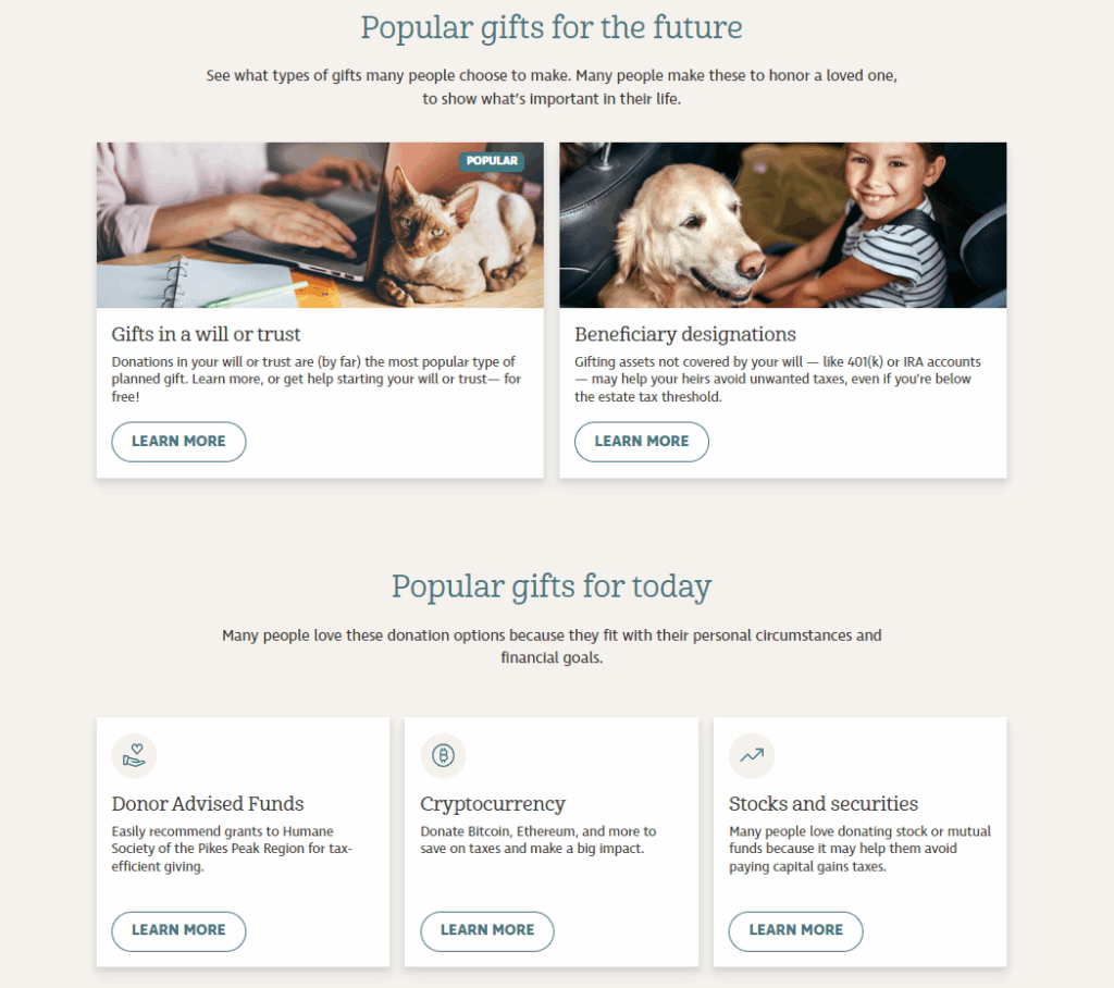 A planned giving website that explains the different types of legacy gifts in simplified terms