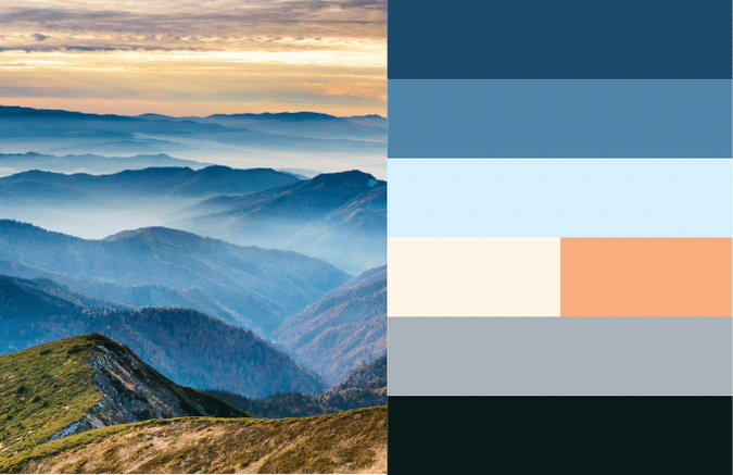 blue mountains and landscape with matching color palette