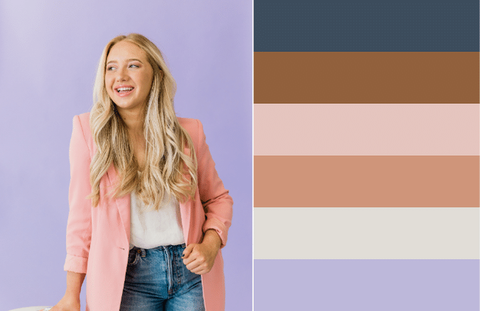 woman in pink jacket on lavender background with matching color palette