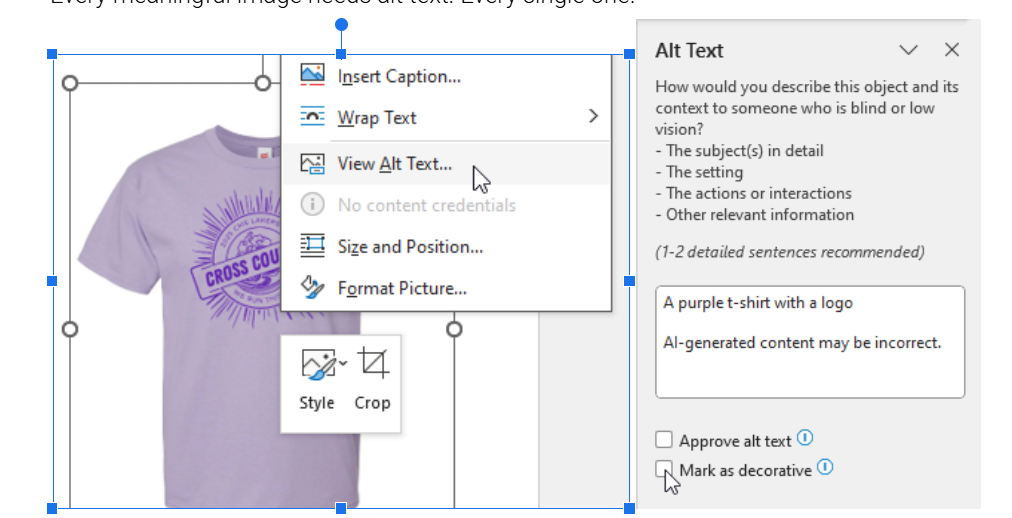 Screenshot showing how to add alt text in Microsoft Word. The image depicts a purple T-shirt with a ‘Cross Country’ logo on it and the Alt Text panel open, where the description field reads ‘A purple t-shirt with a logo.