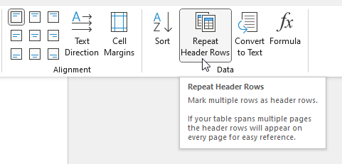 Screenshot of the Microsoft Word Table Layout tab showing the Repeat Header Rows option highlighted, which allows header rows to appear on every page when a table spans multiple pages.