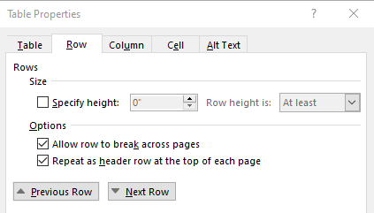 Screenshot of the Table Properties dialog box in Microsoft Word showing the Row tab, with options checked to allow rows to break across pages and repeat as header row at the top of each page.